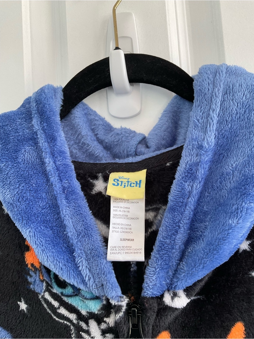 Disney Stitch Hooded Fleece Onesie - Blue & Black with Orange Accents - Picture 8 of 8